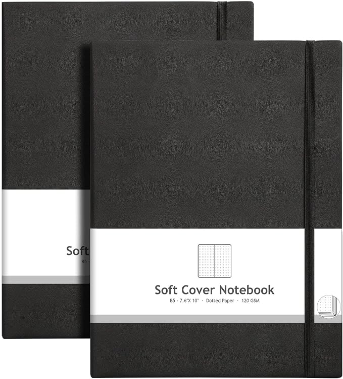 AHGXG Dotted Journal Notebook, 384 Pages, 120GSM, B5 (7.6'' × 10'') | 2 Pack, Leather Hardcover, for Journaling, Planning, Tracking (Blackblack)
