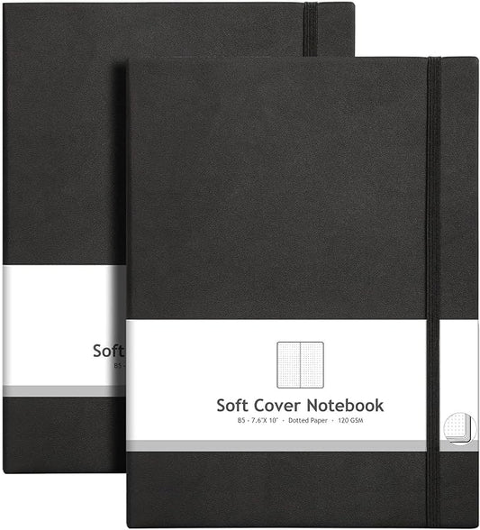 AHGXG Dotted Journal Notebook, 384 Pages, 120GSM, B5 (7.6'' × 10'') | 2 Pack, Leather Hardcover, for Journaling, Planning, Tracking (Blackblack)
