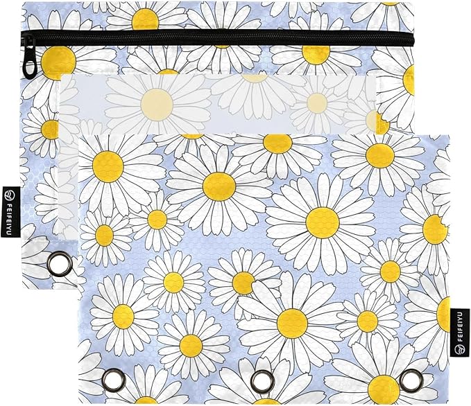 Gredecor Binder Pencil Pouch 3 Ring Pastel Blue Daisy Flowers Zipper Pencil Pouches Case 2 Pack Clear Binder Organizer for School Office