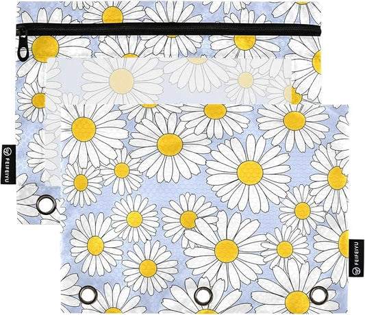 Gredecor Binder Pencil Pouch 3 Ring Pastel Blue Daisy Flowers Zipper Pencil Pouches Case 2 Pack Clear Binder Organizer for School Office