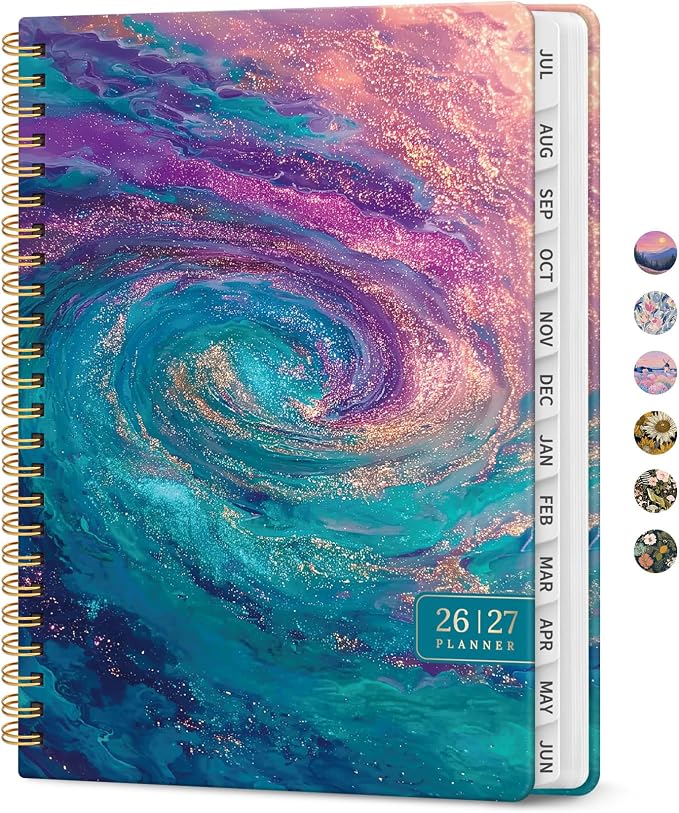 Planner 2026-2027, Academic Year Monthly and Weekly Calendar Planner, Jul 2026 - Jun 2027, Hardcover Teacher Student Planning Agenda book with Tabs, Perfect for School Office Supplies, 6.3" x 8.5" - Galaxy Flow