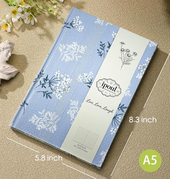 Floral Hardcover Journal for Writing, Lined Notebook for women, A5, 200 Pages, 6x8 Medium Size Notebook, Floret Printed Fabric Linen Personal Journal, Lay Flat Notebook, Reading Journal, Blue.