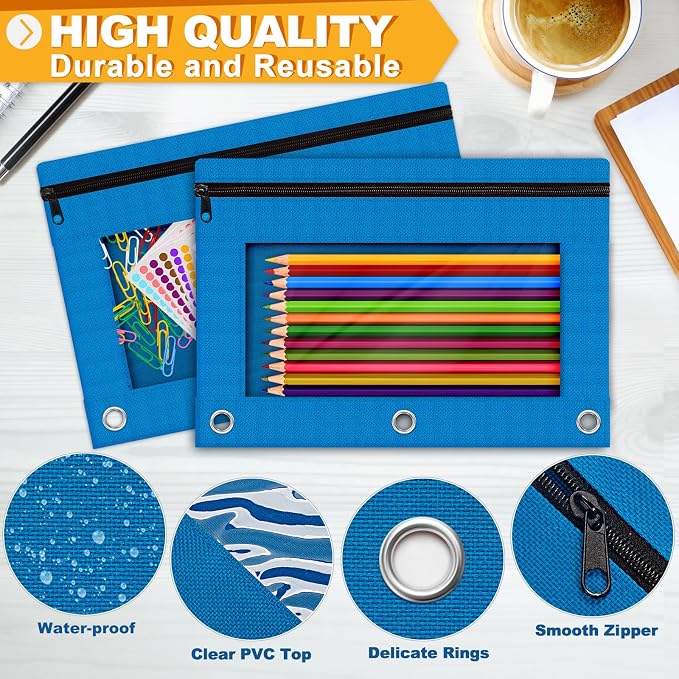 Pencil Pouch for 3 Ring Binder, 2 Pack Pencil Bags with Zipper, Blue Pencil Case for Classroom School Office Supplies, Large Sturdy and Durable Cloth Pencil Pocket for 3 Holder Binder