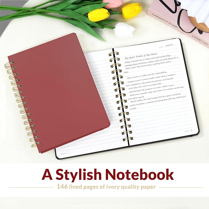 SUNEE Lined Spiral Journal Notebook for Women, 146 Pages College Ruled Hardcover Journaling Notebook for Work, Note Taking and Office School Supplies, A5 -Burgundy