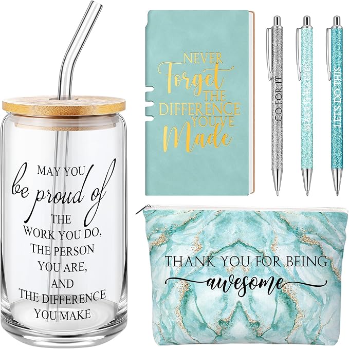 Funnymoom 6 Pcs Appreciation Gifts Set for Women Back to School Teacher Gifts Employee Thank You Gift with 17 oz Glass Tumbler Journal Pens and Pouch for Coworkers Educators,Marble,Green