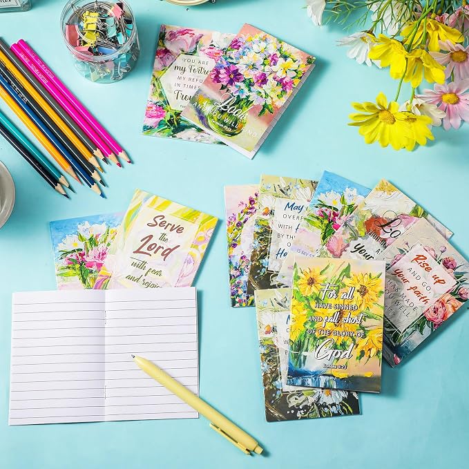 Tatuo 24 Pack Christian Floral Notebooks for Women Religious Bible Verse Journals Flower Small Pocket Prayer Notepads with Scripture Inspirational Gifts for Faith Church Bible Study Office School