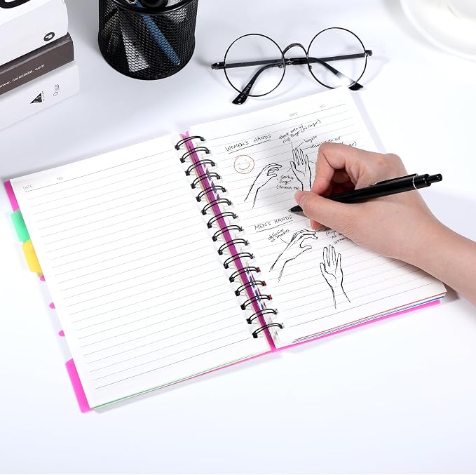 CAGIE 5 Subject Notebook, Small Spiral Notebook with Tabs | 6.1'' x 8.2'', A5 Spiral Notebooks College Ruled for Women, 240 Pages Note book for School Note Taking, Rose Pink