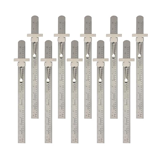 PEC Tools 6” Machinist Pocket Ruler – 10 Pack Bundle, Stainless Steel Ruler with Pocket Clip - mm and 64ths Graduations on Front, Metric Equivalents Chart on Back, Round End Metal Rule, Made in USA