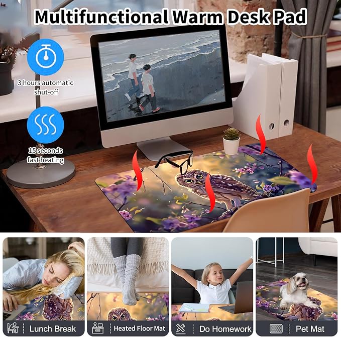 Heated Desk Pad Mouse Pad,Heated Desk Mat,with 3 Heating Levels & 3 Hours Auto Shut-Off,Leather 23.6"*14.2" Gaming Mouse Laptop Mat,Foot Warmer,Cute Owl Purple
