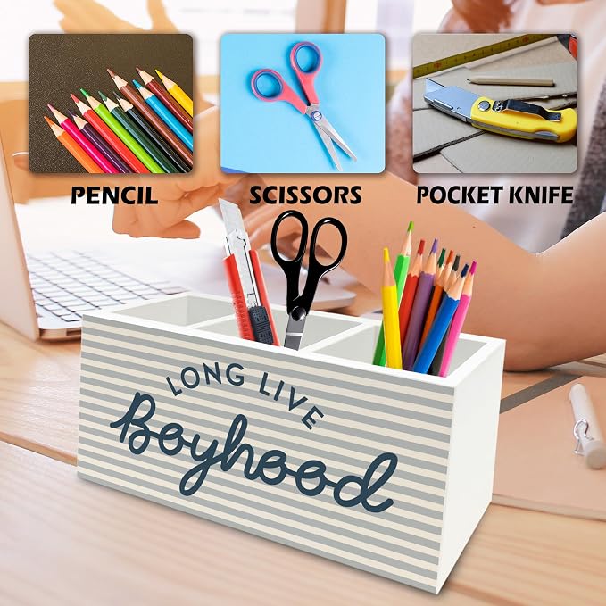 Boys Pen Pencil Holder Organizer for Desk, Long Live Boyhood Grey Striped Wooden Box Signs Decorations for Home Classroom Kids Boy Nursery Room Bedroom Playroom Desk Tabletop, Boys Room Decor