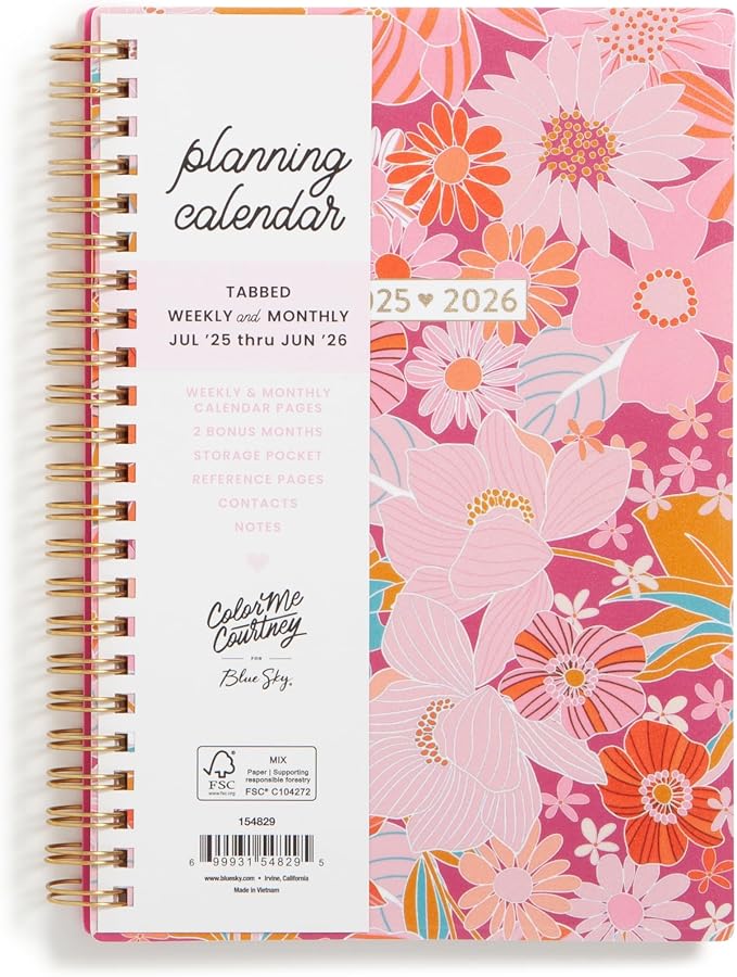 Blue Sky 2025-2026 Weekly & Monthly Academic Planner, 5"x8", Bloom Pink | July 2025 - June 2026, Flexible Cover, Wirebound, Laminated Tabs, Storage Pocket, Academic Year, Color Me Courtney