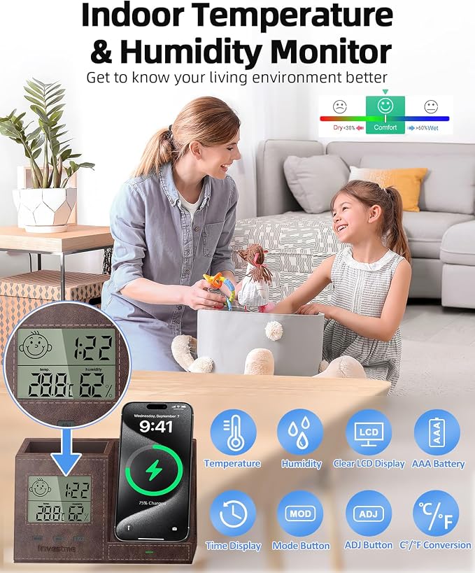 Pen Holder for Desk, Desk Organizer with Wireless Charger, Built in Digital Indoor Thermometer and Humidity Monitor, Multi-Functional Pencil Organizer for Home Office Supplies, Brown