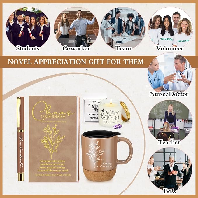 Sayglossy 4 Pcs Chaos Coordinator Gift Set Back to School Gift for Teachers Women Men Notebook Coffee Mug Scented Candle Ballpoint Pen for Teacher Assistant Principal Class School Staff Coworker