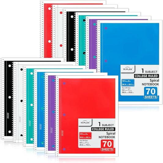 Yeplan Spiral Notebooks 12 Pack, College Ruled Notebook Paper, 1 Subject Notebook for School & Work, 8" x 10-1/2", 70 Sheets per Notebook, 6 Assorted Colors