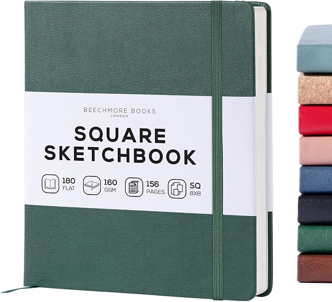 Beechmore Books Square Mixed Media Sketchbook - 8"x8" Professional Art Journal, 160 GSM / 98 lb Ivory Paper, Perforated Pages, Vegan Leather Hardcover, Lay-Flat Design for Drawing & Doodling
