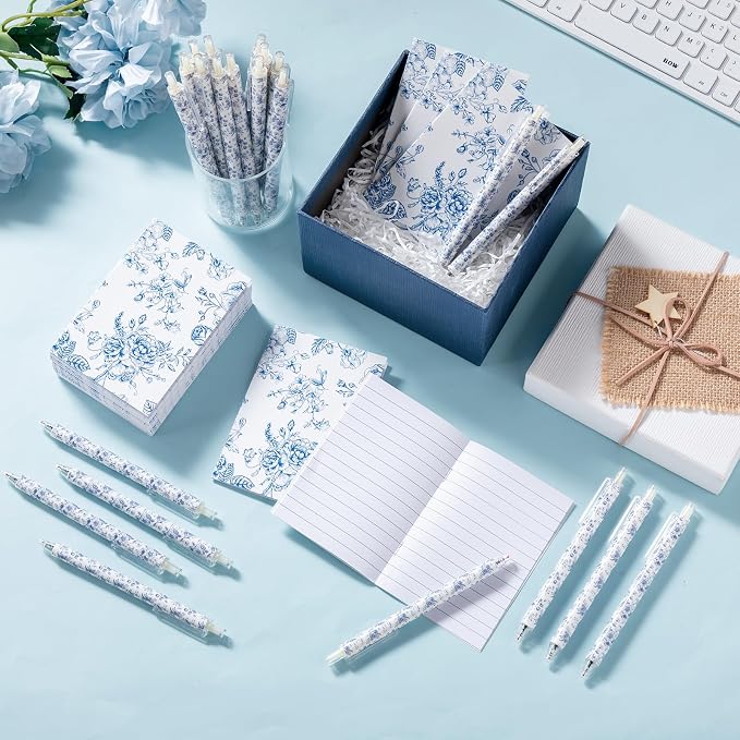 Engrowtic 24 Set Blue and White Floral Mini Notebooks and Ballpoint Pens Chinoiserie Vintage Pocket Notepads Gel Pens Small Journals for Bridal Wedding Baby Shower