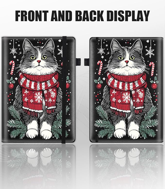 Hardcover Executive Notebooks, A5 PU Leather Lined Journal Notebook, 200 Pages Thick Paper Subject Notebooks for School,Work,Home Writing Business Notebook, Diary Book ，Christmas Cat