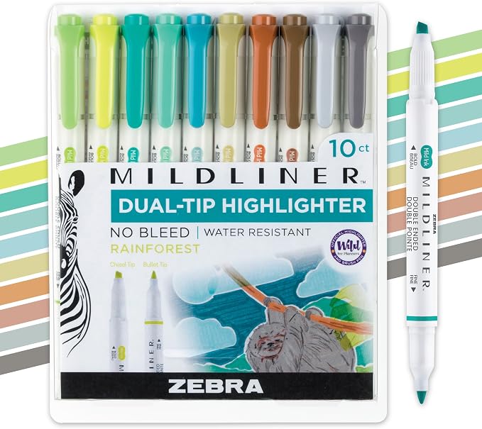 Zebra Pen MILDLINER No Bleed Highlighter, Rainforest, Dual Tip, 10-Pack | Broad and Fine Point Tip Marker Set, Ideal for Bible Highlighting, Journaling, School, Teacher and Office Supplies (78401)