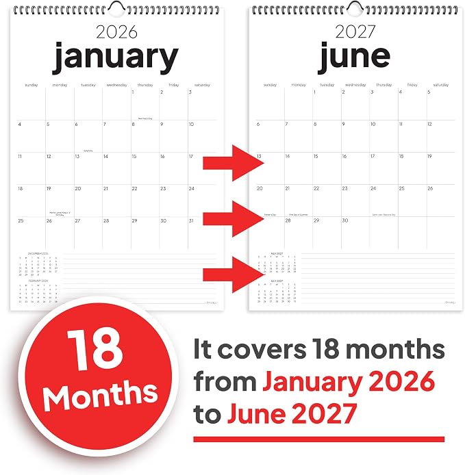Wall Calendar 2026-2027, 18 Months, Runs from January 2026 to June 2027, 17" x 12" Large Wall Calendar with Hanger, Thick Paper and Spiral Binding. Simple and Stylish Aesthetic Design.
