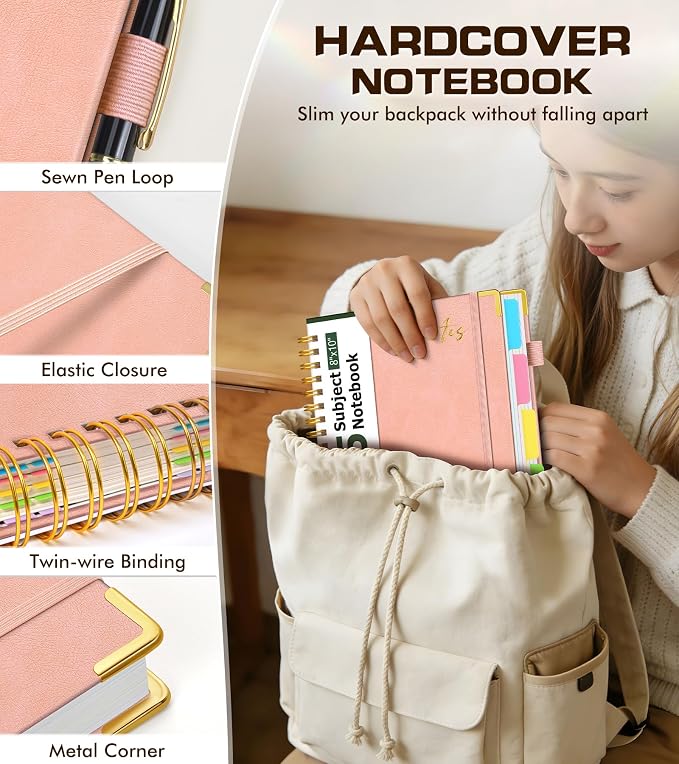 5 Subject Spiral Notebook Journal with Removable Dividers Tabs, 300 Pages Organizer Notebooks for Work School, 8"x10" Hardcover Leather Notebook College Ruled, Large Lined Journal for Women Men,Pink