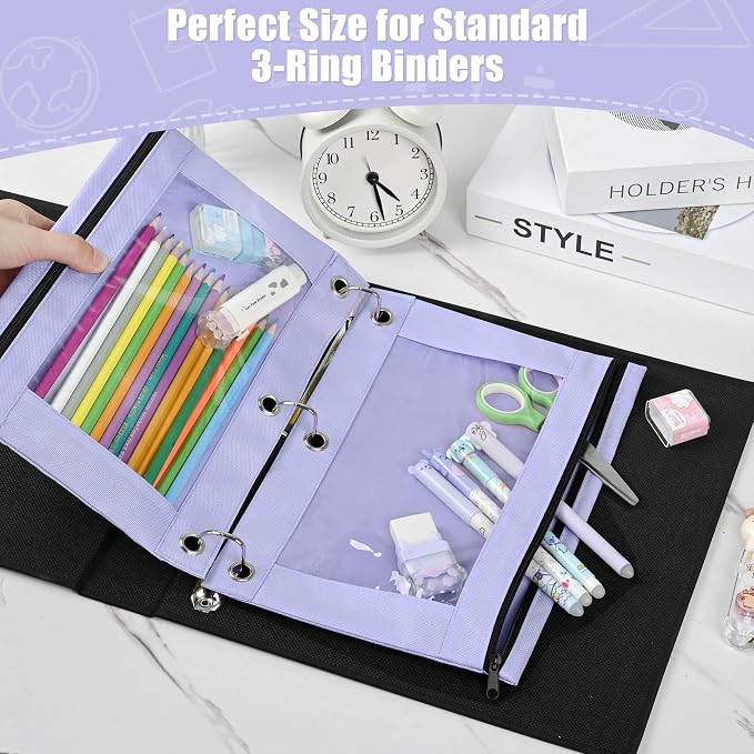 Lanpn Pencil Pouch for 3 Ring Binder 6 Pack, Purple Binder Pen Bags with Zipper, Cute 3 Holes Pencil Pouches Organizer for Boy Girl Kids School Student, Reinforced Grommets & Clear Window