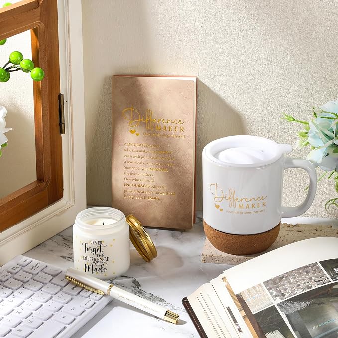 Vesici 4 Pcs Difference Maker Gift Set Mug Notebook Candle Pen,White,Word
