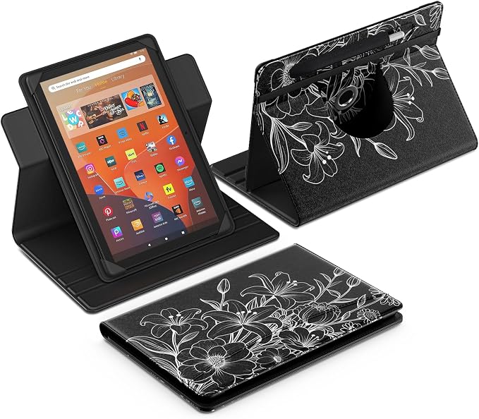 MoKo for Universal 11 inch Android Tablet Case with Pen Holder, Line Flower | Fits All 9.6-11 inch Tablets, Slim 360 Degree Rotating Cover, Multi-Angle Stand, Front Pocket, No fit iPad/NO back opening