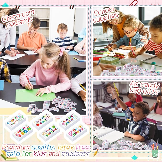 Resurhang 180 Pcs Erasers Bulk for Kids Inspirational Pencil Erasers Bulk for Drawing Motivational Big Eraser School Supplies for Classrooms Back to School Office (Motivational,White)