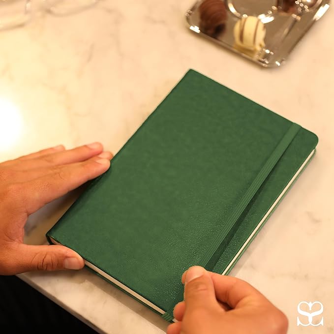 SETTINI® Hardcover Lined Journal Notebook A5 120 GSM Lay-Flat, Emerald | lay-flat binding, 120 GSM thick paper, A5, lined, ribbon bookmark, elastic closure, for women