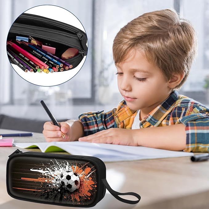 TILYTADLY Large Pencil Case for Boys - Soccer Boys Pencil Pouch with Zipper Compartments - Big Capacity Pen Box Pen Bag Organizer with Keychain for Kids Teens School