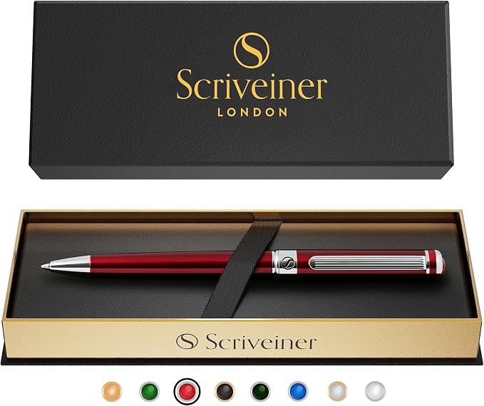 Scriveiner Deep Crimson Ballpoint Pen - Stunning Red Lacquer Luxury Pen, Chrome Finish, Schmidt Black Refill, Best Ball Pen Gift Set for Men & Women, Professional Executive Office, Nice Designer Pen