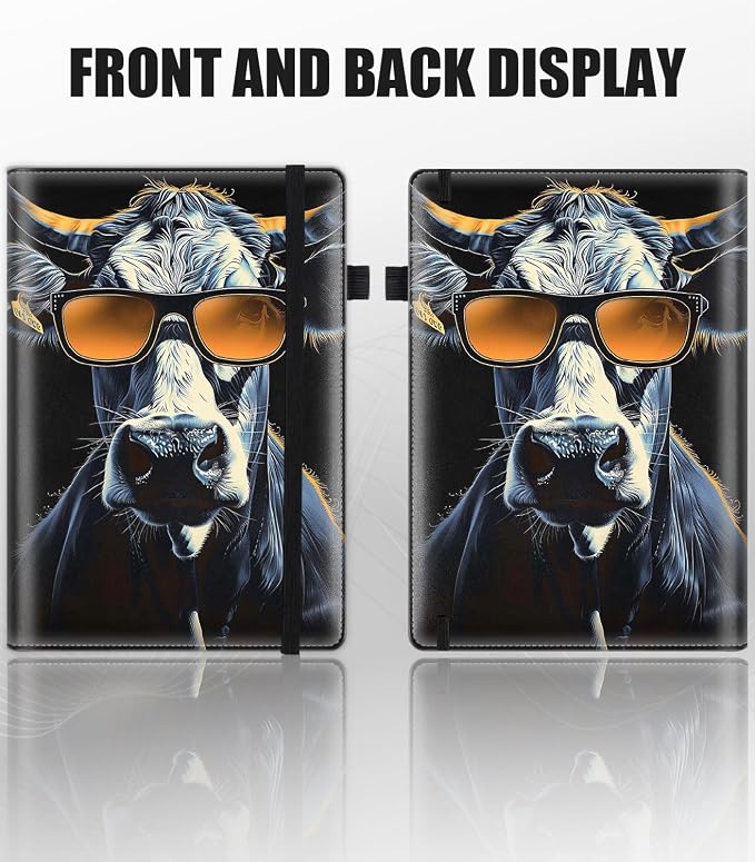 Hardcover Executive Notebooks, A5 PU Leather Lined Journal Notebook, 200 Pages Thick Paper Subject Notebooks for School,Work,Home Writing Business Notebook, Diary Book ，Cow Wearing Glasses