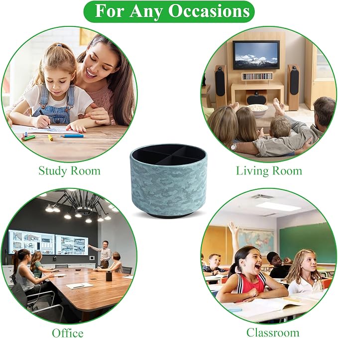 Round Leather Art Supply Organizer,Remote Control Holder,360 Degree Rotating,Multi-Functional Pencil Holder,4 Compartments Desktop Stationary Organizer(1-Camouflage Green)