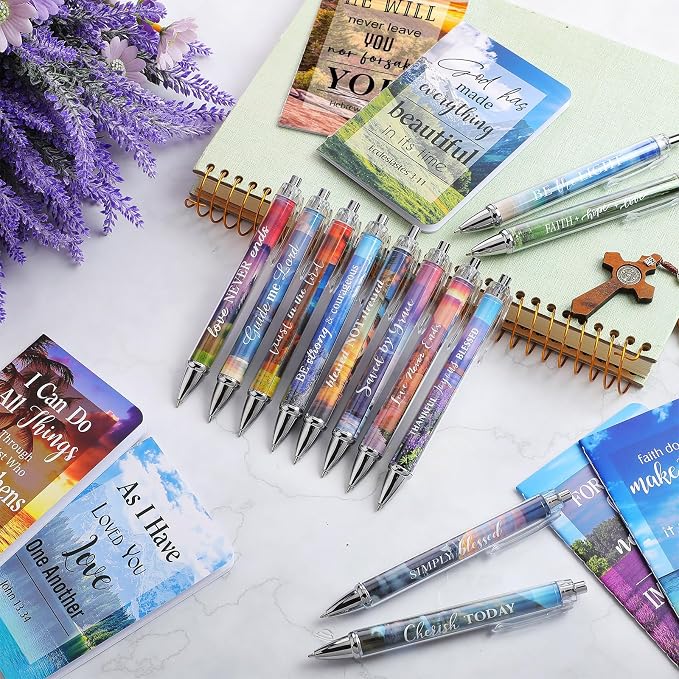 Colarr 12 Sets Christian Bulk Gifts for Women Bible Verse Pens Notebooks Religious VBS Scripture Ballpoint Pens Bookmarks Journal for Easter Sunday School Church Inspirational Supply(Scenery)
