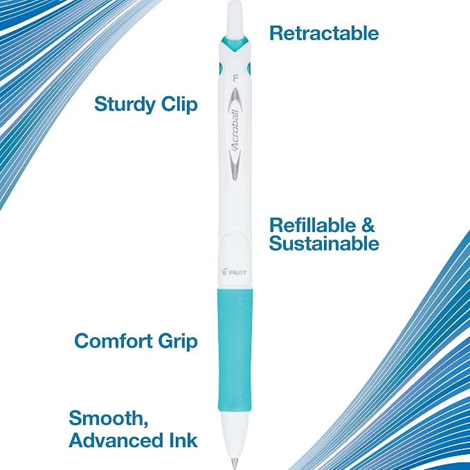Pilot Acroball PureWhite Advanced Ink Refillable & Retractable Ball Point Pens with Assorted Accents, Fine Point, Ballpoint Pens, Black Ink, 0.7mm, 5-Pack