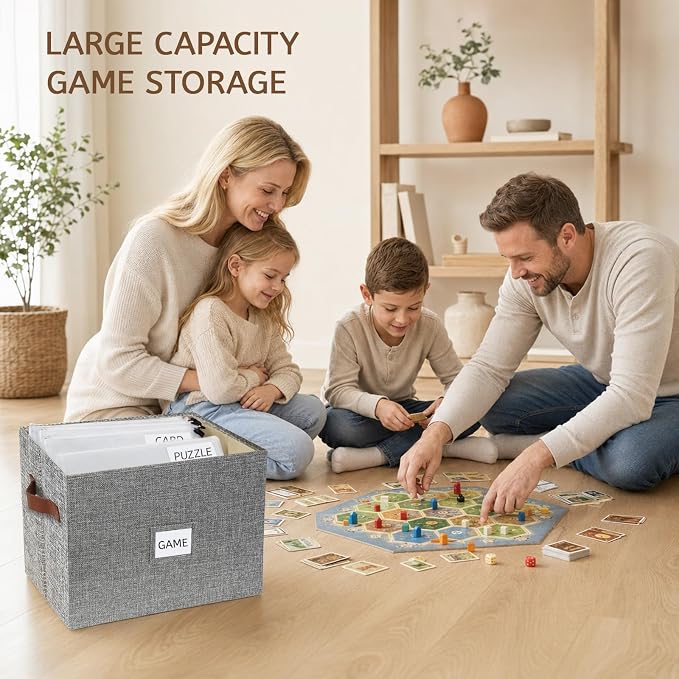 3-Pack Multi-Size Storage Containers for Office & Games, Grey | Office files & board games | Multi-size (L/M/S) | Faux leather handles & label windows | Includes labels & glue dots