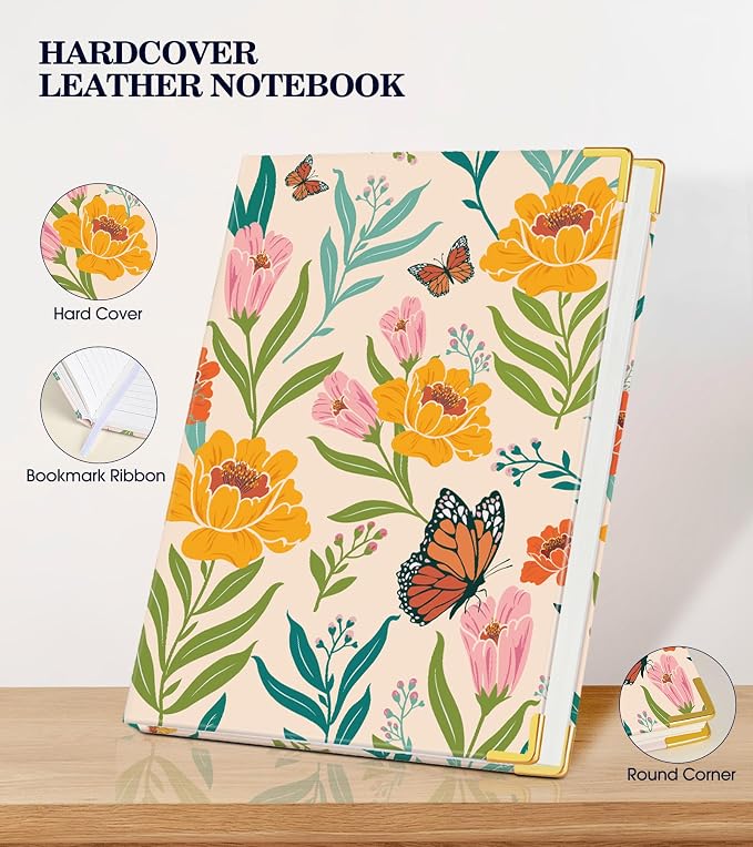 Lined Journal Notebook for Women, A5 Hardcover Leather Journaling Notebooks for Writing, 200 Pages Travel Journal, College Ruled Notebook for Work School, Note Taking 5.75'' X 8.38'' Yellow Floral