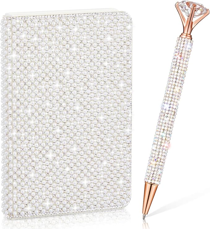 Rhinestone Pen & Glitter Notebook Set, Hard Cover Bling Diary Journal for Girls, Cute School Supplies for Back to School, Sparkly Desk Accessories Gift for Women(Pearl,A6,White)