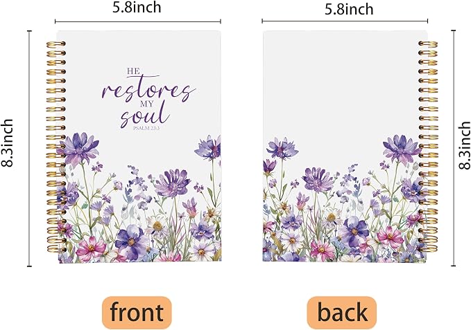 Christian Notebook for Women, Christian Gifts Journal, Prayer Journal for Women, Bible Journaling Notebook, PSALM 23:3 He Restores My Soul Floral Spiral Notebook 5.5x8.3
