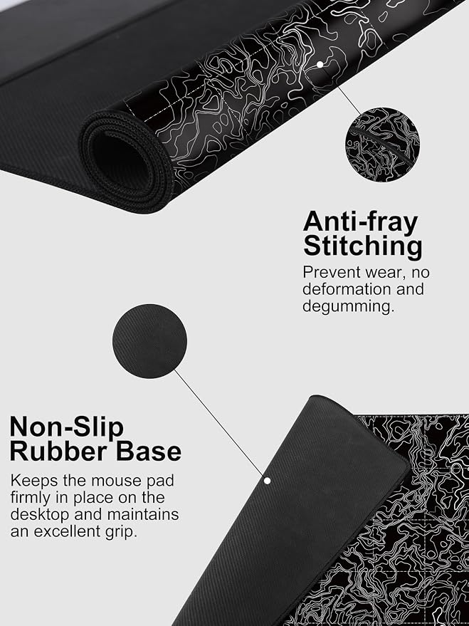 TopMade Mouse Pad with 15W Fast Wireless Charging, 31.5"x15.75" XXL Large Gaming Waterproof Desk Pad with Ultra-Smooth Surface, Non-Slip Base, Computer Desk Mat, Black Topographic Map #3