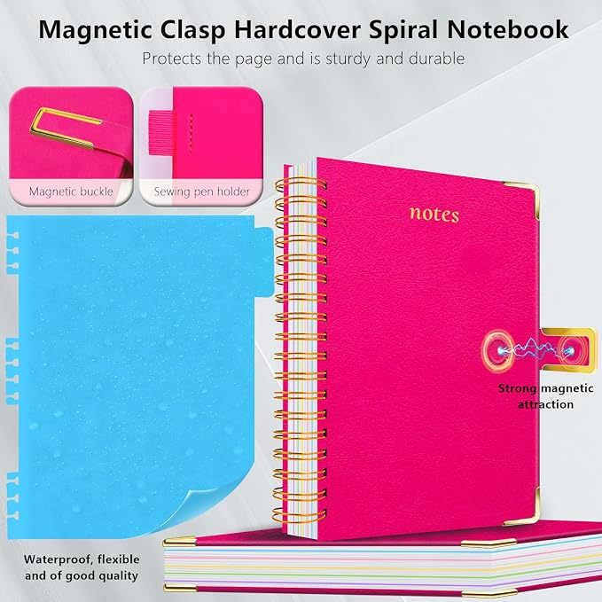 Hardcover Spiral Notebook College Ruled, 8.5"x11" Leather Journal Notebook with Magnetic Closure, 300 Pages 5 Subject Notebook with Dividers Tabs Journal for Women Men, Work, School(Rose Red)
