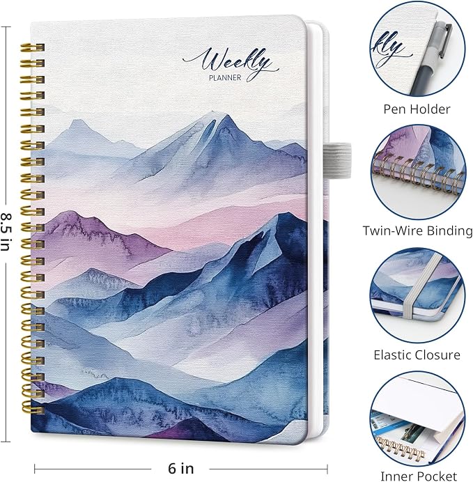 Taja Undated Weekly Planner, Weekly To Do List Notebook with Goal & Habit Tracker Organizer, A5 Weekly Planner Notebook with Spiral Binding, 6.1" x 8.2" - Distant Peaks