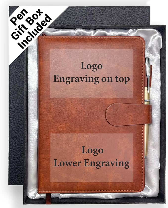 Personalized Notebook with Pen and Gift Box, Custom Logo Leather Journal, Gifts for Women Men, Engraved Journals To Write In, Birthday, Best Friend, Mom, Sister, Corporate, Business Gift (Logo-Brown)
