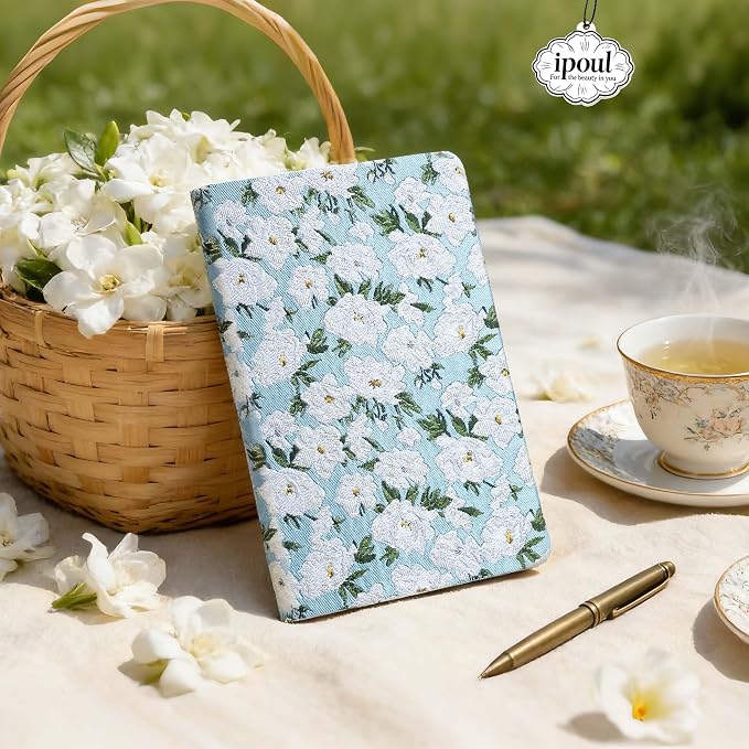 Floral Notebook, Cute Journal, A5, 8x6, Wide Rule, Lined Notebook, Diary for Women, Blue Notebook, Hard Cover Journal Notebooks, Lay Flat, Pretty Notebook, Writing Journal, White Gardenia
