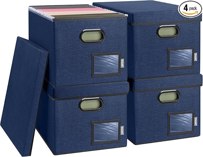 BALEINE File Organizer Box with Lid, Collapsible File Folder Organizer with Plastic Slide, Filing Box for Office Home Document Organizer Storage (Blue, 4PK)