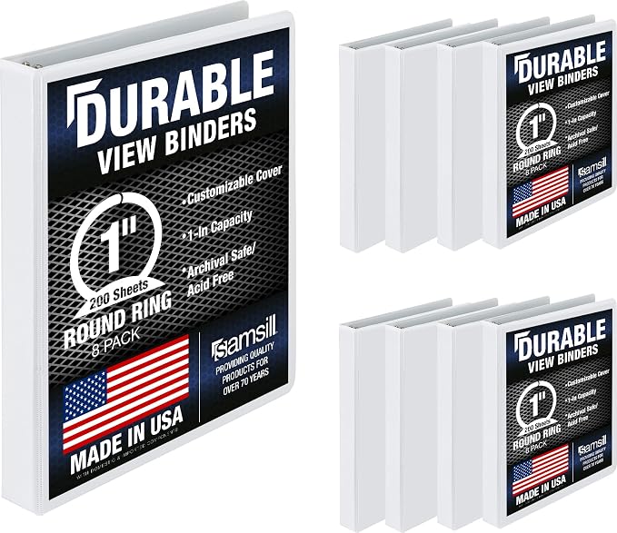 Samsill 8 Pack Durable 1 Inch 3 Ring Binders, Round Ring, Clear View Cover for Presentations, White