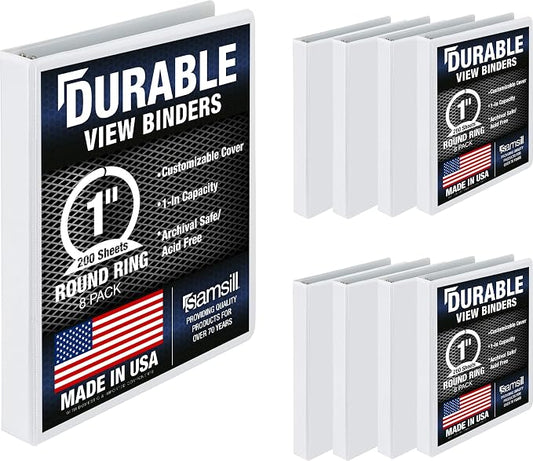 Samsill 8 Pack Durable 1 Inch 3 Ring Binders, Round Ring, Clear View Cover for Presentations, White