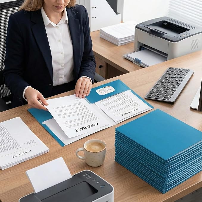 Zzrywuty File folders with Pockets,Light Blue Two folders for documents,50 Pack Paper Folders with Card Slot,Letter Size,School Students,Business,Home and Office Workers