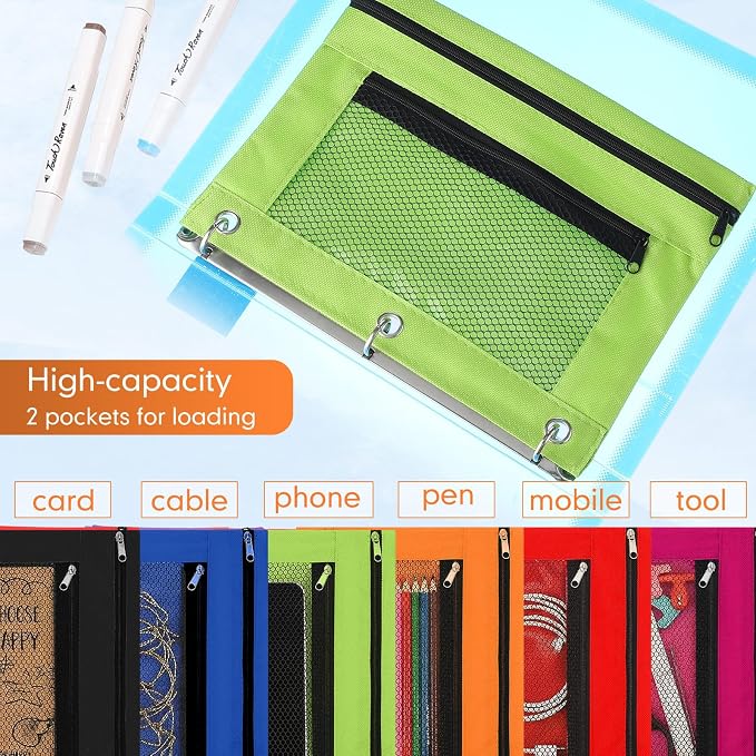 Leelosp 48 Pack Pencil Pouch for 3 Ring Binder Mesh Zipper Pencil Case Bags Binder Pouches Bulk for School Writing Utensils Storage Supplies (Bright Colors)