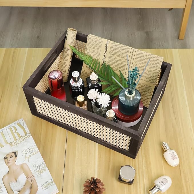 Desktop Storage Basket, Sundry Office Drawer Storage Box, Wood Frame Storage Basket. (Brown-Large)